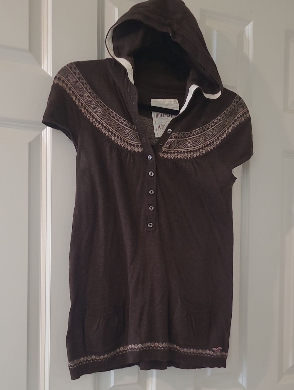 Hollister Brown Hooded Short-Sleeve Cardigan with Knit Pattern